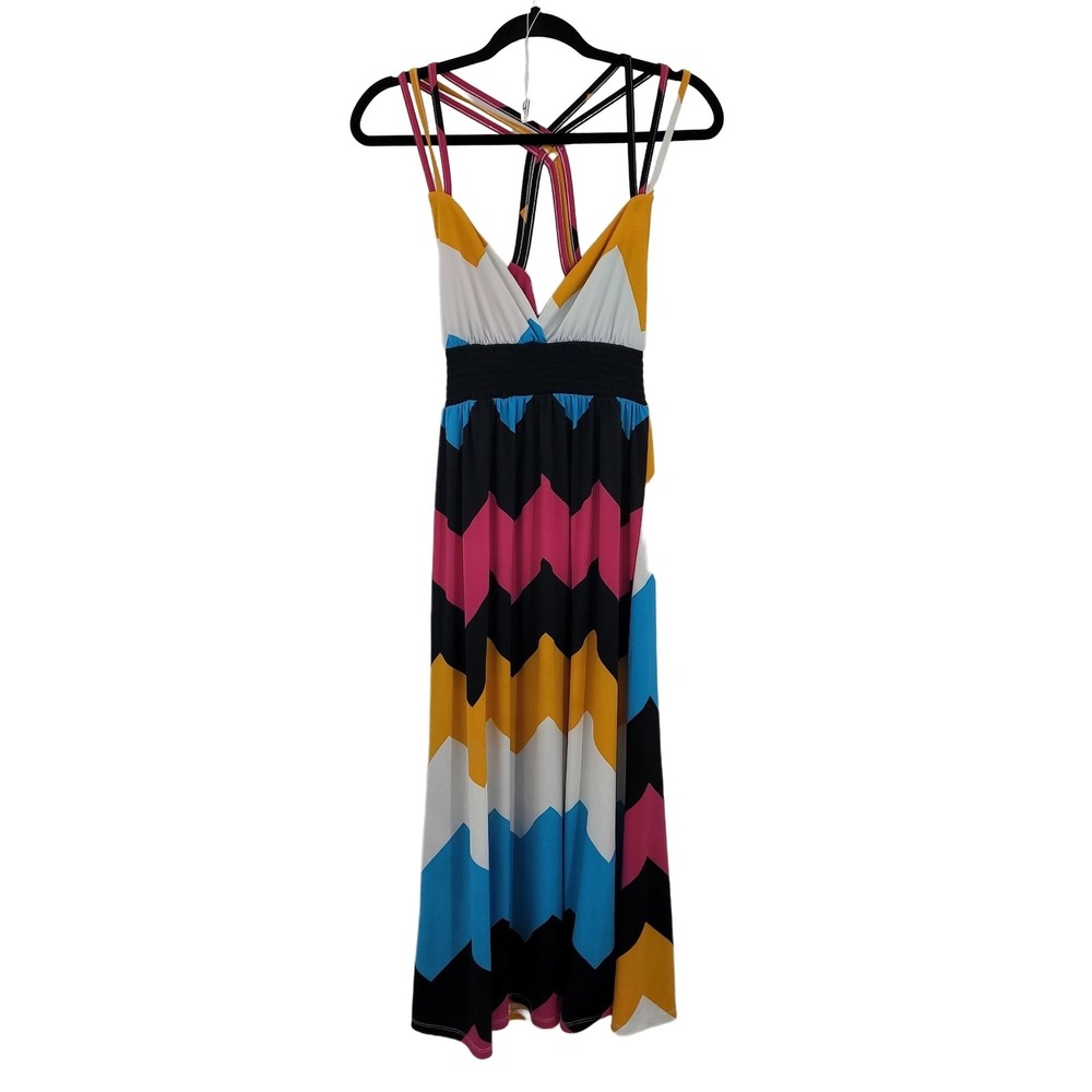 Womens Strappy Racerback Baby‎ Doll Maxi Dress Sz M Multicolor Chevron Smocked